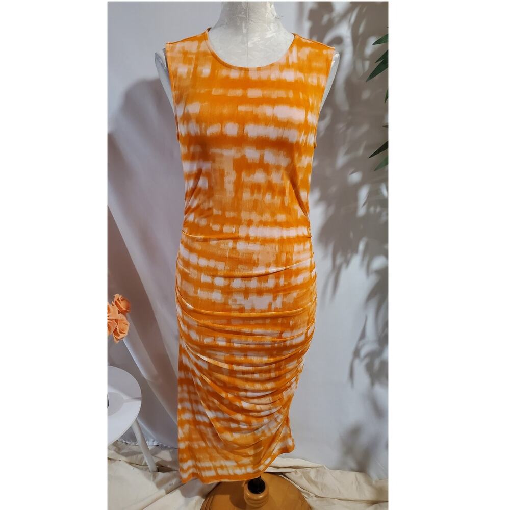 Calvin Klein Tie Dye Ruched Mesh Overlay Sleevelesss Bodycon Midi Dress M Orange